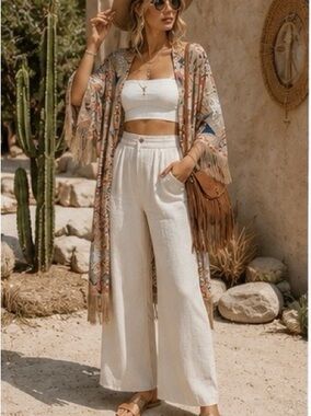 Boho Floral Fringe Kimono - Beige, Coral & Blue
